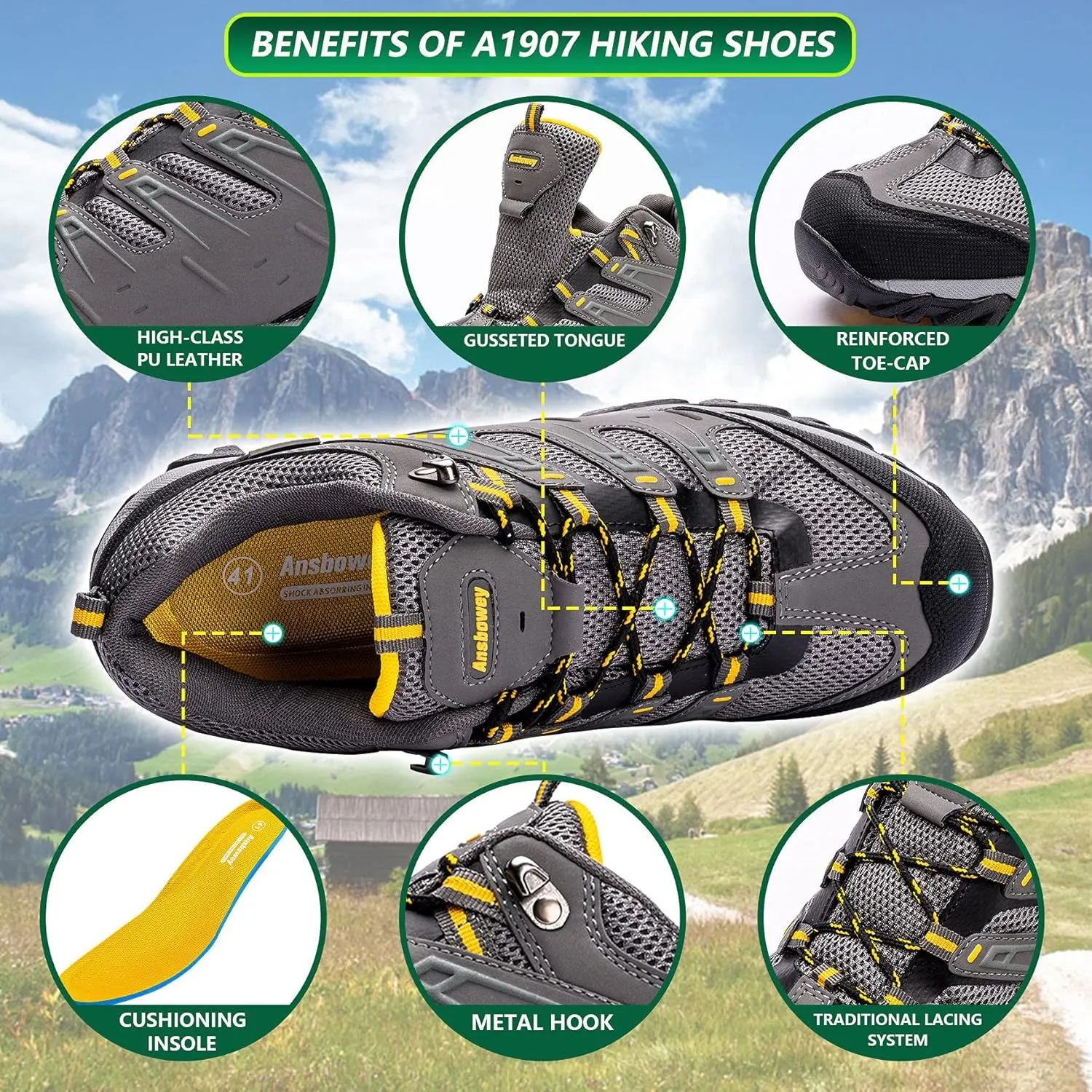 Ansbowey Hiking Shoes Men's Waterproof Low Top Lightweight Breathable Non-Slip Trekking Trail Outdoor Sport Sneakers for Unisex-Adults 6.5 US