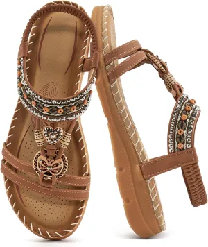 Aomigoct Sandals Women Flat Shoes: Dressy Summer Bohemian Flats Shoes for Women Sandals Comfortable Ankle Strap Outdoor Walking