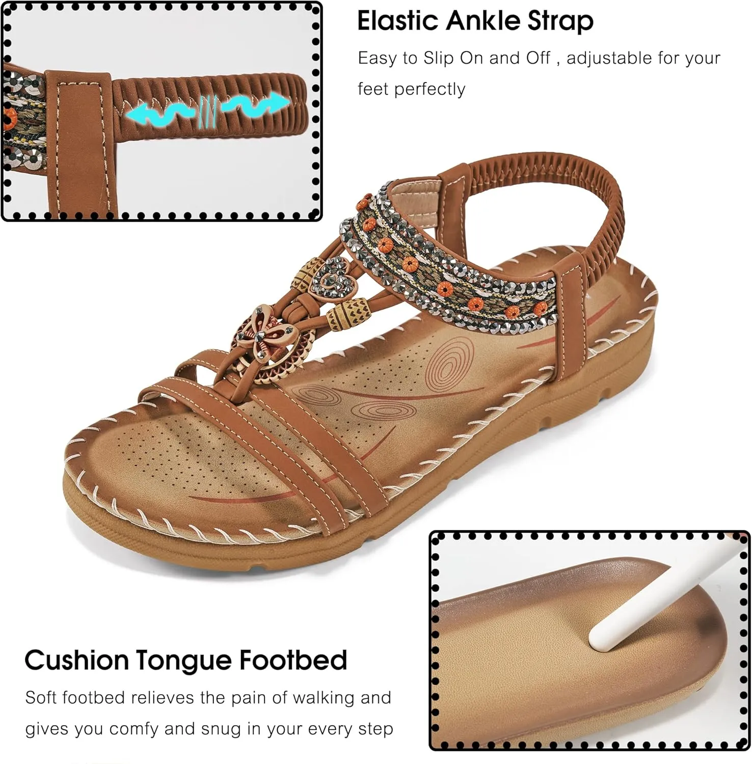 Aomigoct Sandals Women Flat Shoes: Dressy Summer Bohemian Flats Shoes for Women Sandals Comfortable Ankle Strap Outdoor Walking