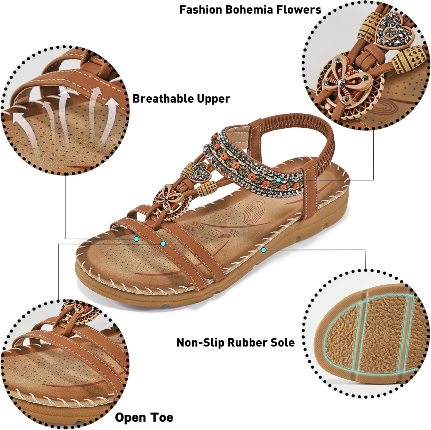 Aomigoct Sandals Women Flat Shoes: Dressy Summer Bohemian Flats Shoes for Women Sandals Comfortable Ankle Strap Outdoor Walking