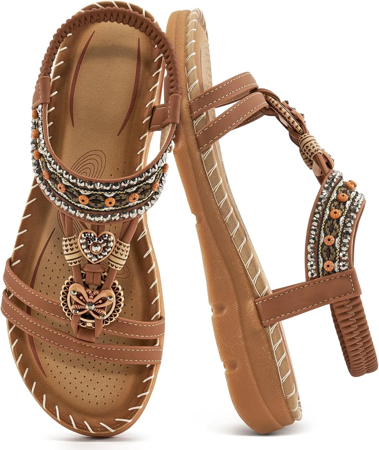 Aomigoct Sandals Women Flat Shoes: Dressy Summer Bohemian Flats Shoes for Women Sandals Comfortable Ankle Strap Outdoor Walking