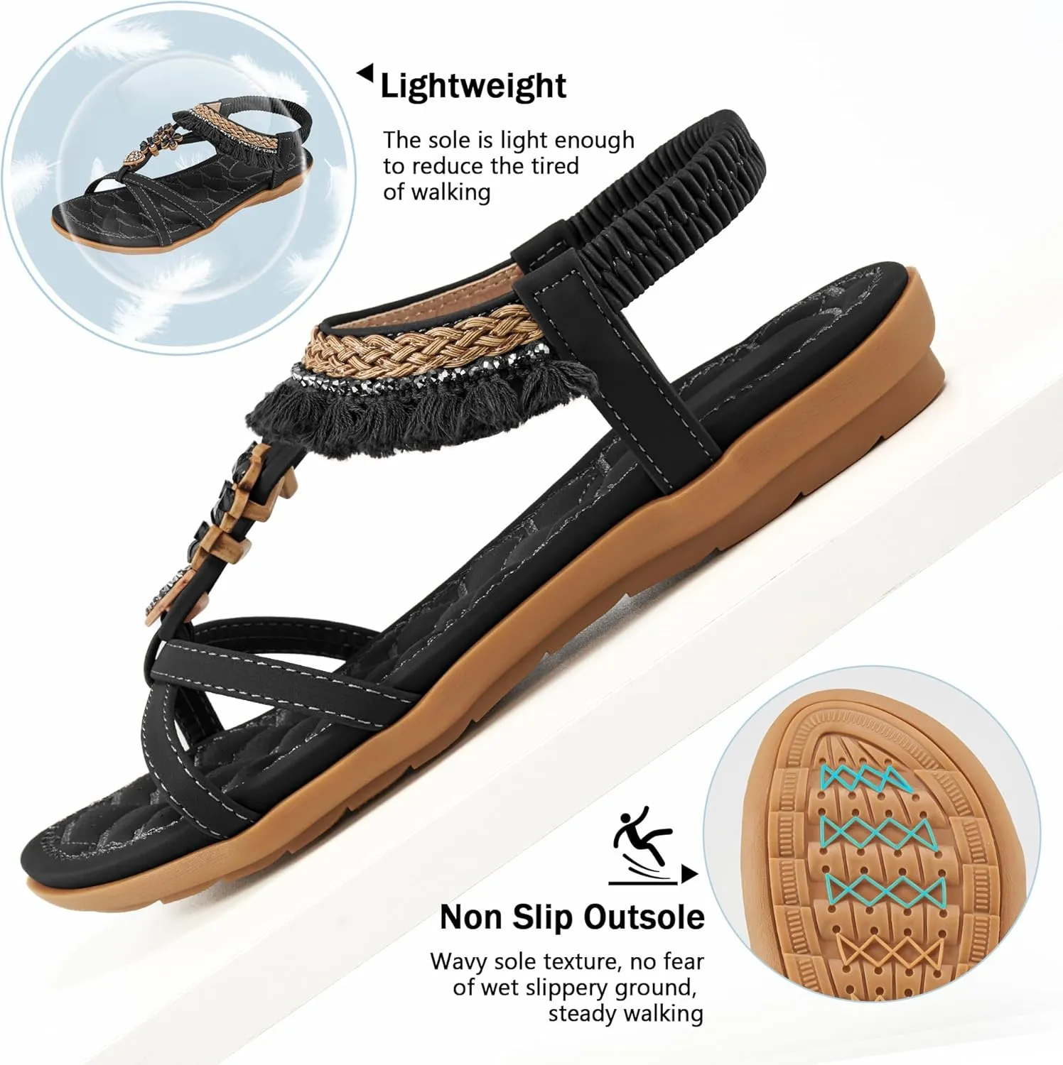 Aomigoct Womens Sandals Flats Shoes: Dressy Summer Flat Sandals for Women Open Toe - Bohemian Casual Beach Shoes Elastic Ankle Strap