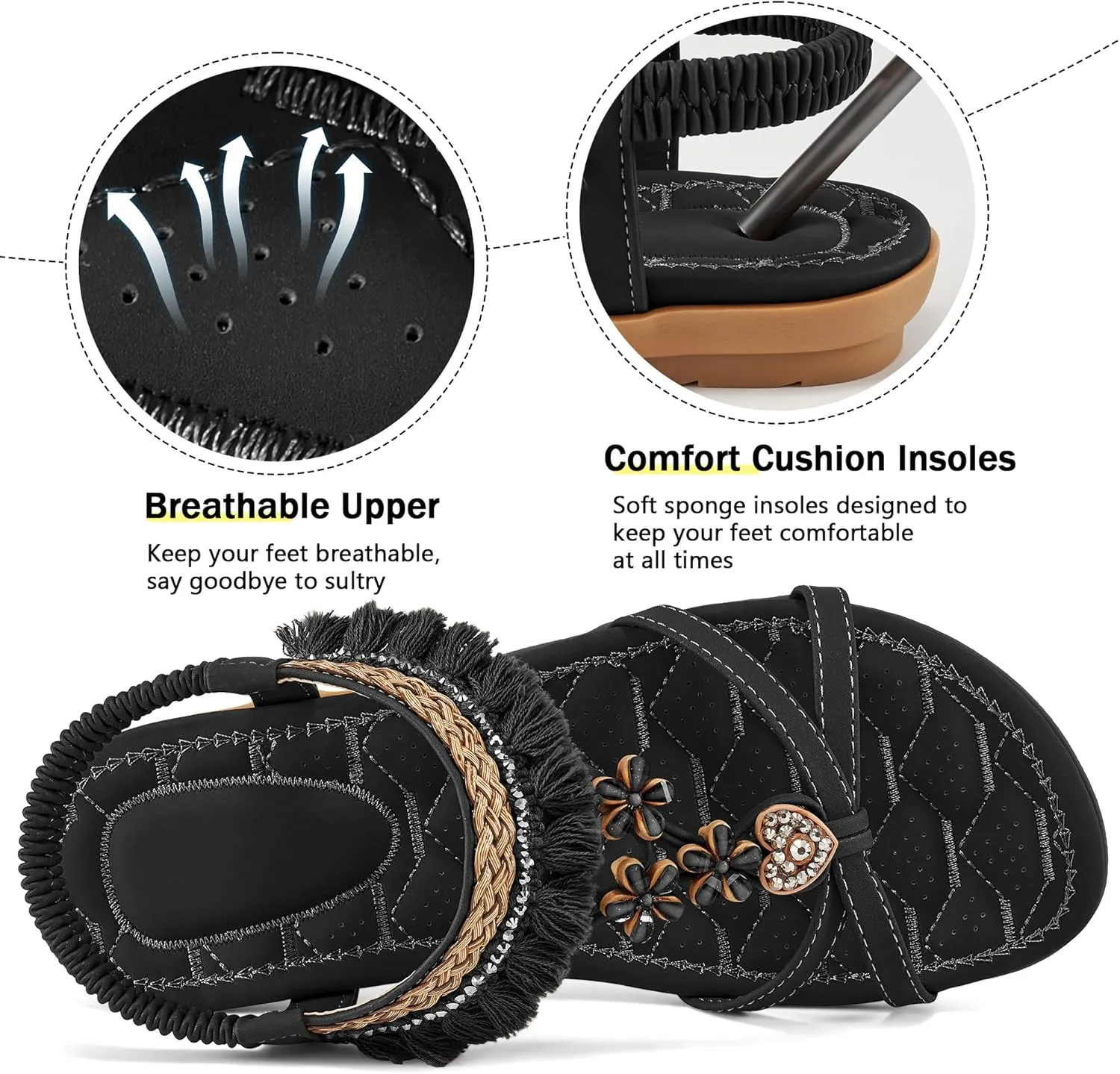 Aomigoct Womens Sandals Flats Shoes: Dressy Summer Flat Sandals for Women Open Toe - Bohemian Casual Beach Shoes Elastic Ankle Strap