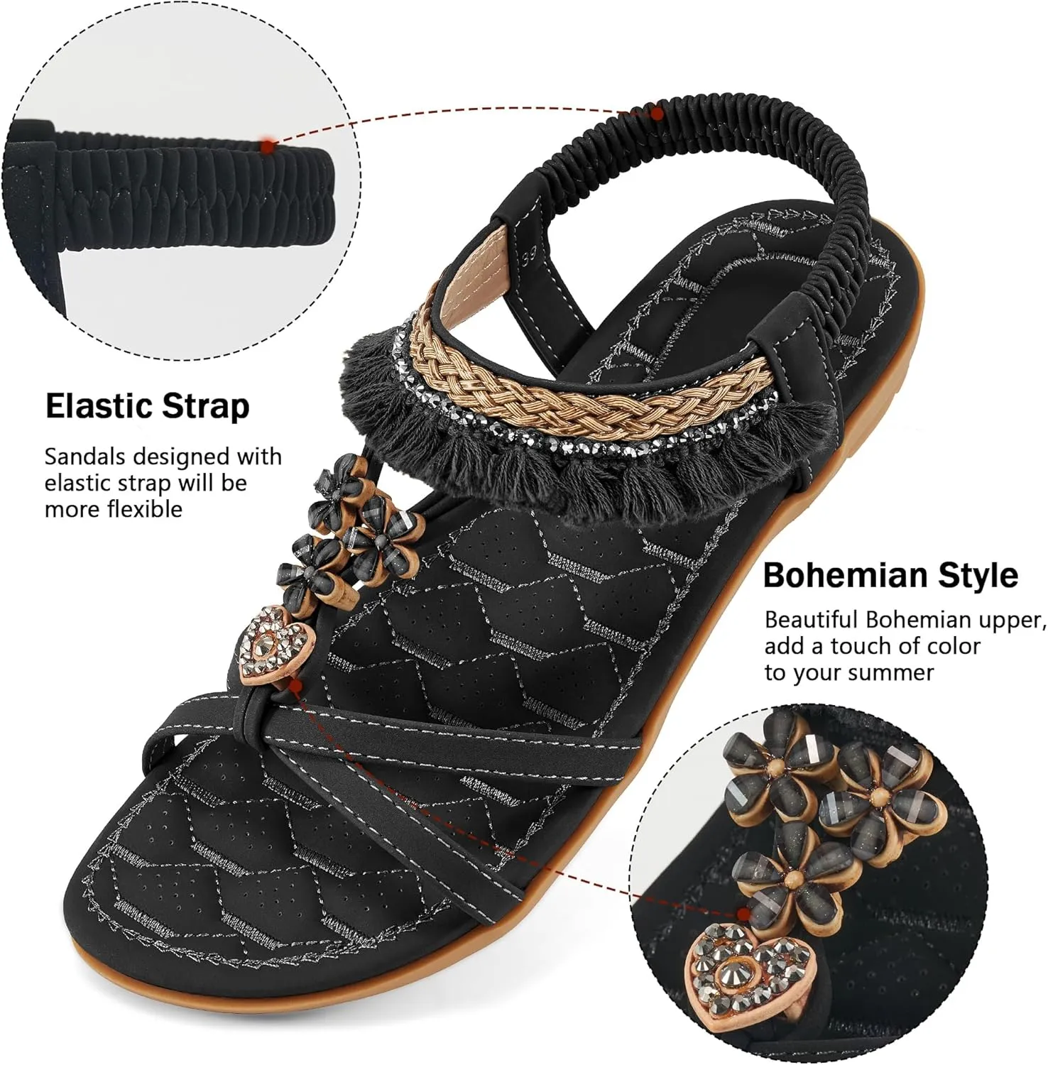 Aomigoct Womens Sandals Flats Shoes: Dressy Summer Flat Sandals for Women Open Toe - Bohemian Casual Beach Shoes Elastic Ankle Strap
