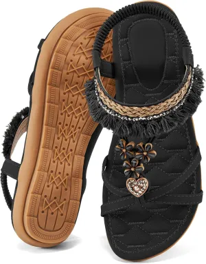 Aomigoct Womens Sandals Flats Shoes: Dressy Summer Flat Sandals for Women Open Toe - Bohemian Casual Beach Shoes Elastic Ankle Strap