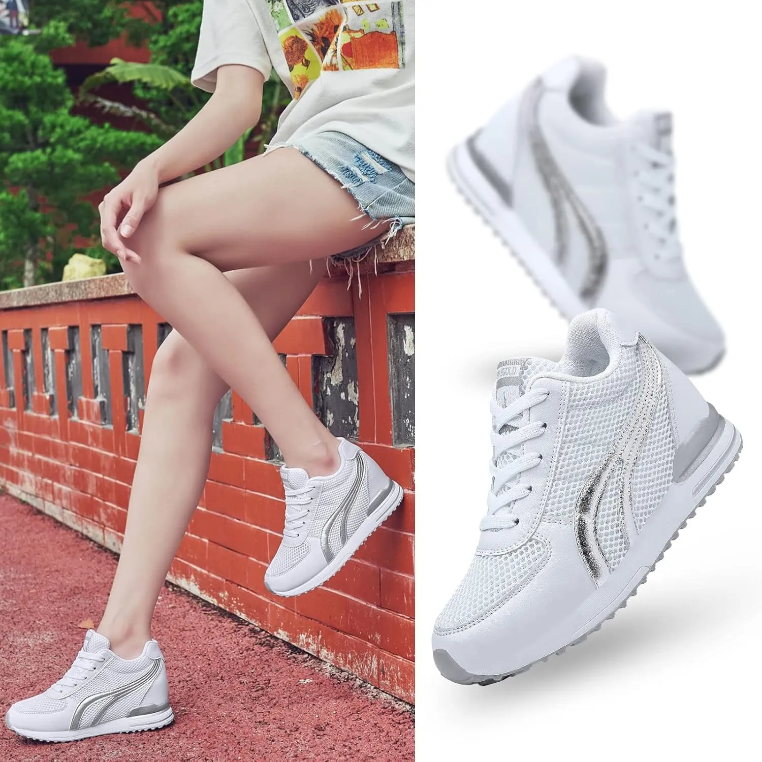 AONEGOLD Women's Fashion Sneakers for Mom Day Gifts Women's Platform Sneakers Wedges High Top Lace Up Shoes Increase Fashion Sneakers for Womens Girls