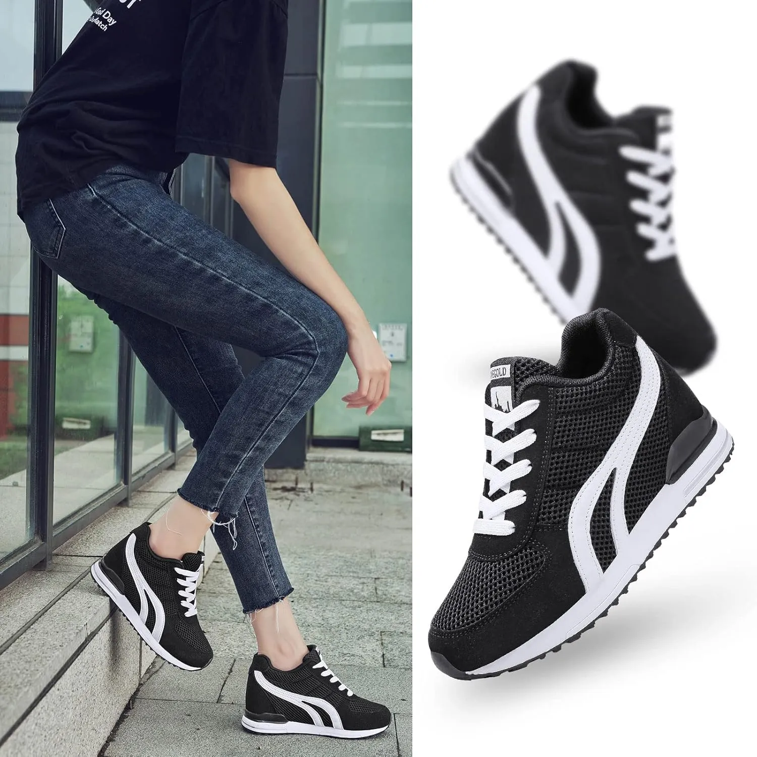 AONEGOLD Women's Fashion Sneakers for Mom Day Gifts Women's Platform Sneakers Wedges High Top Lace Up Shoes Increase Fashion Sneakers for Womens Girls