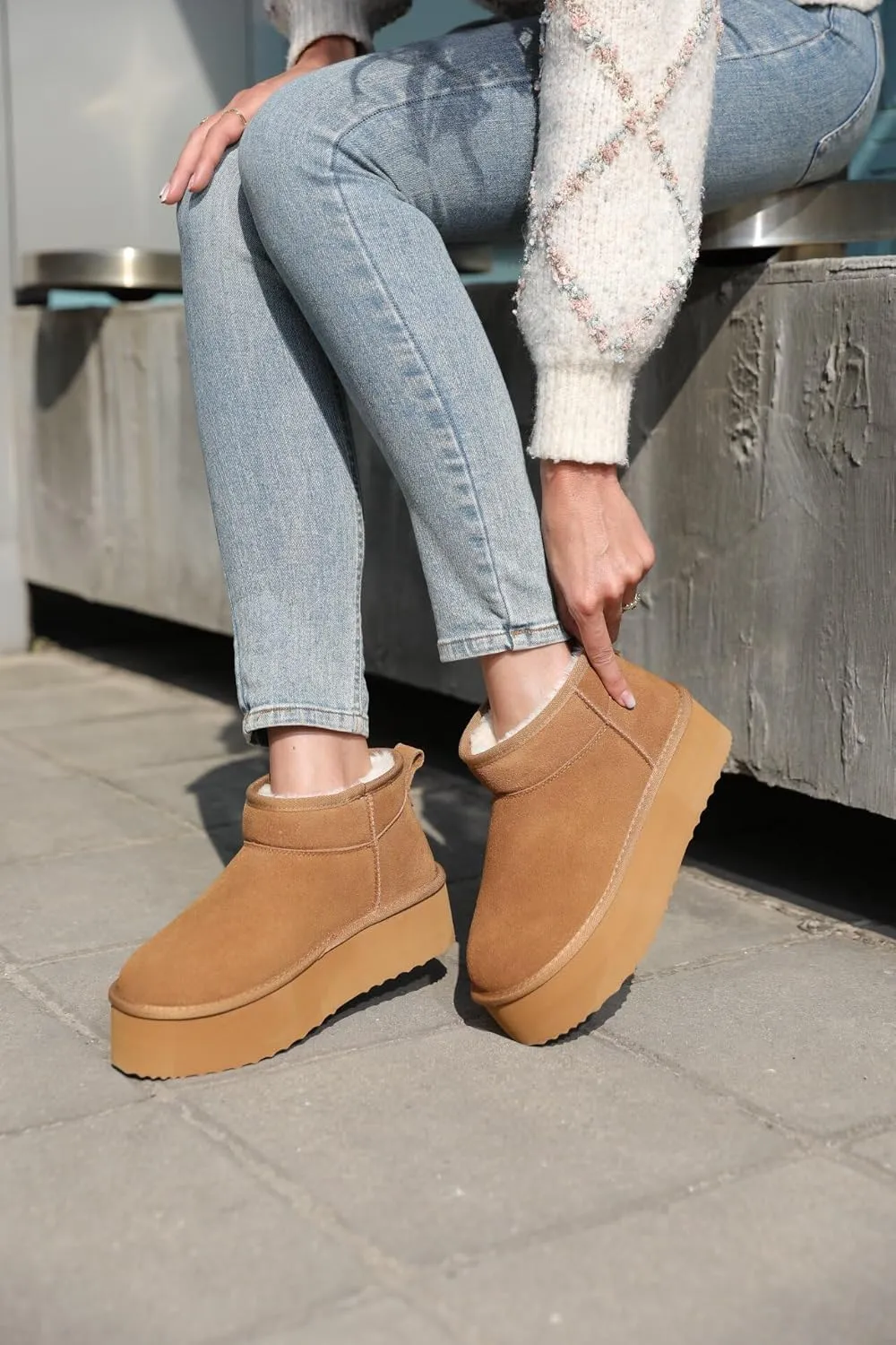 AoSiFu Platform Mini Boots for Women Genuine Suede Leather, Classic Winter Ankle Snow Boots with Comfortable Memory Foam Insole Water Resistant Lightweight Anti-Slip Outsole for Outdoor Indoor