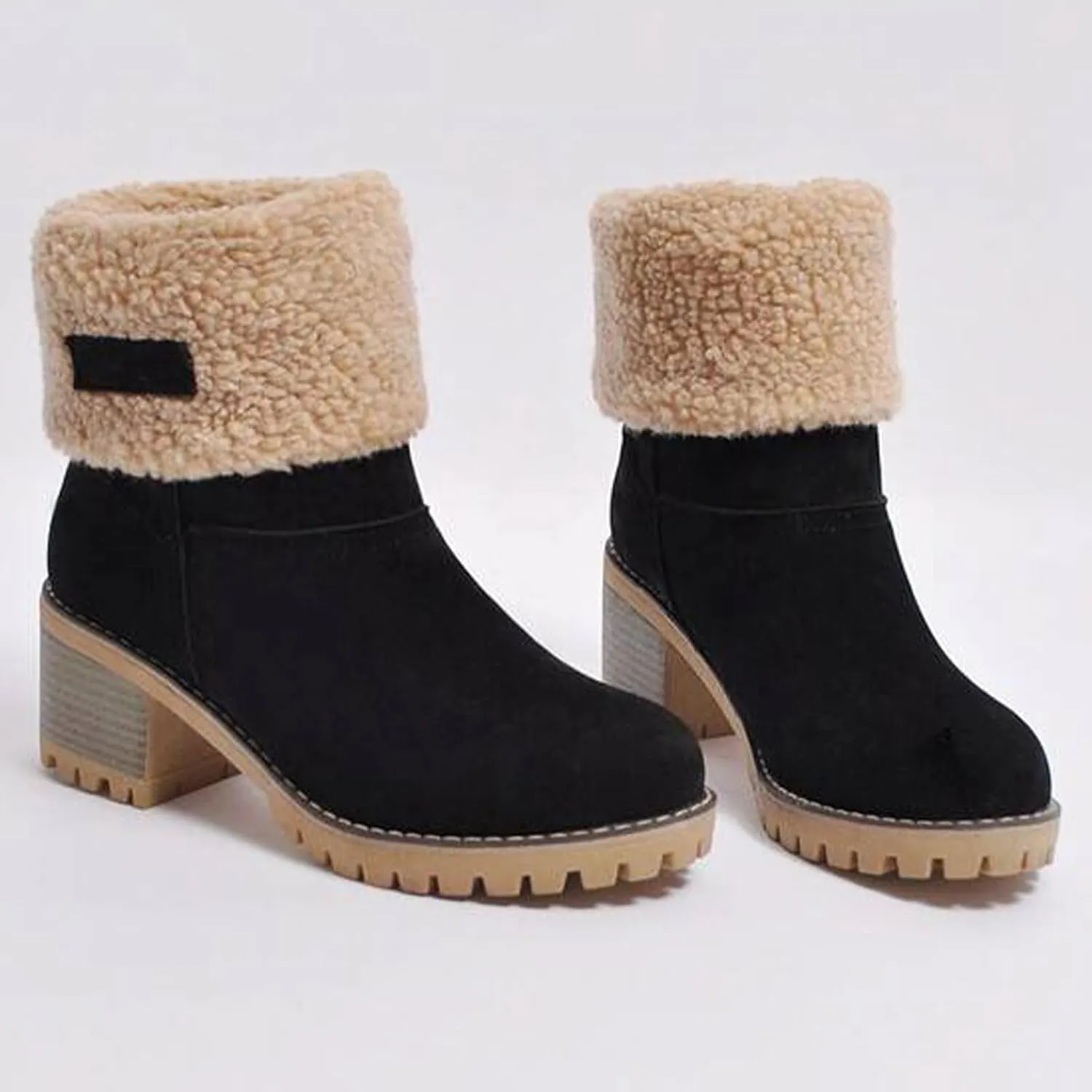 AOSPHIRAYLIAN Women's Winter Fur Lined Snow Boots for Women Mid Calf Round Toe Chunky Heel Resistant Warm Ankle Boots Comfy Suede Booties Pull On Shoes for Women