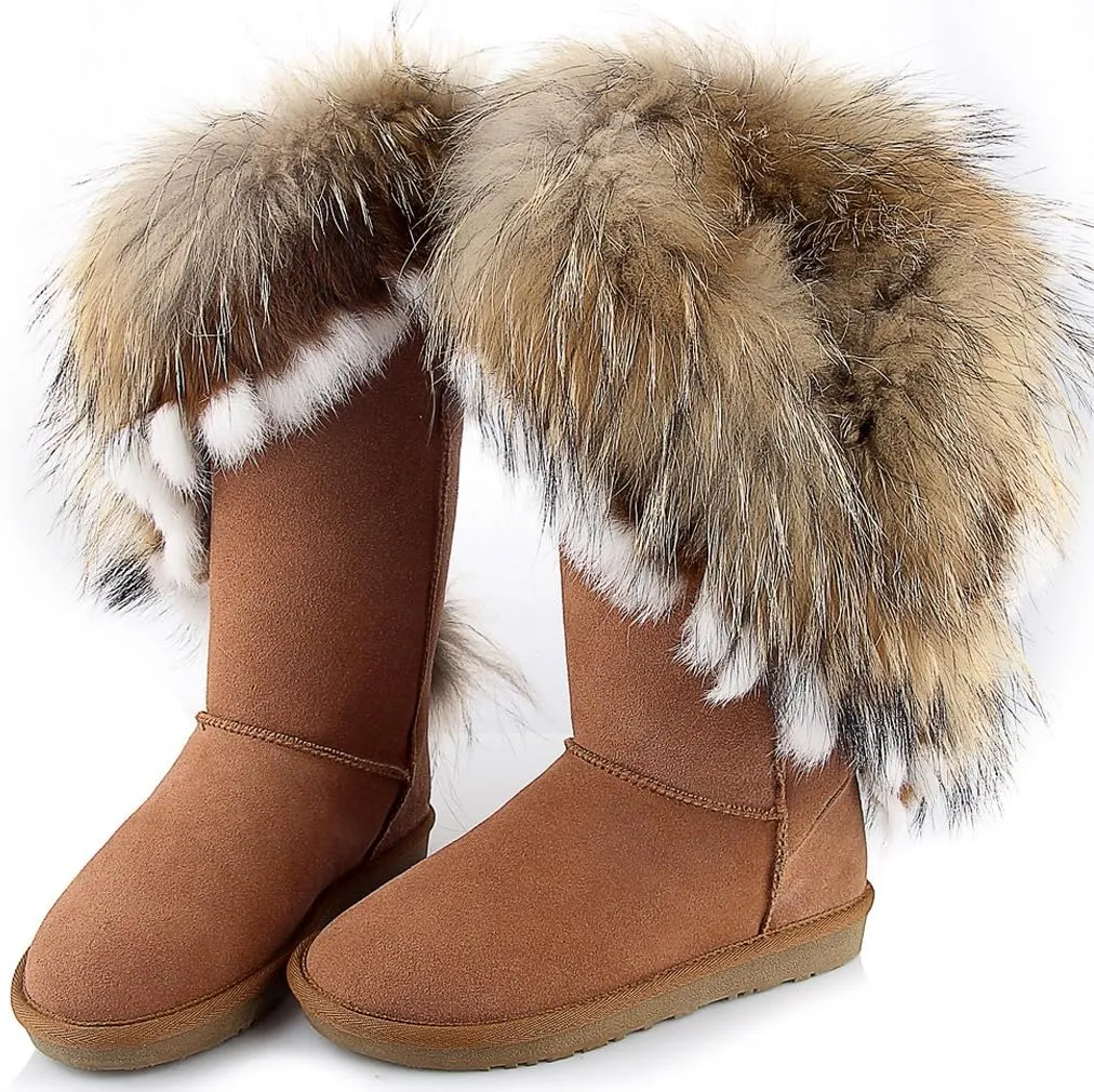 APHNUS Womens Mid Calf Boots Cow Leather Fur Snow Boots