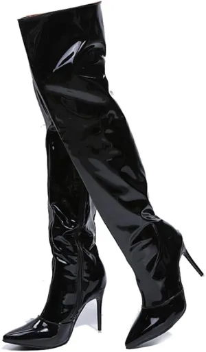 Arqa Women's Metallic Over The Knee High Boots Pointed Toe Stiletto High Heel Thigh High Boot Side Zipper Sexy Party Boot