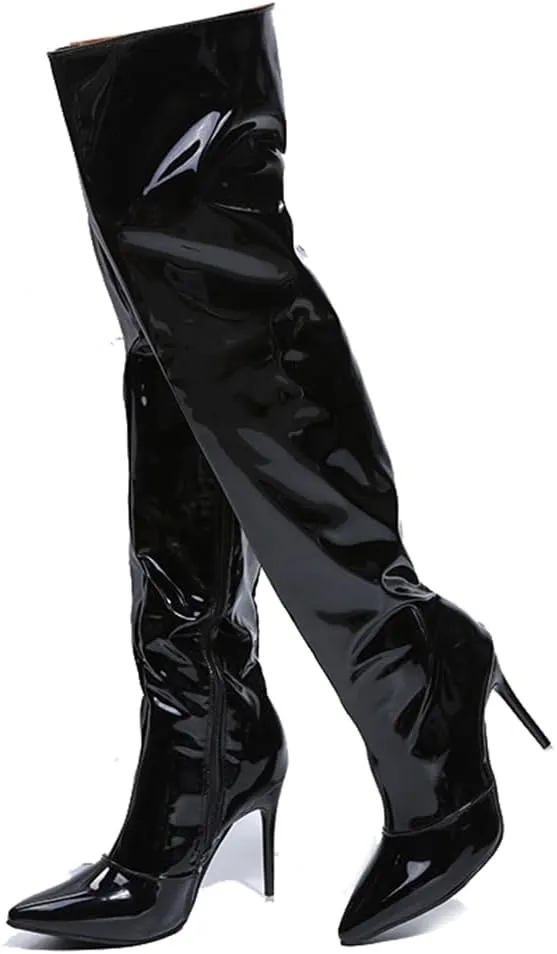 Arqa Women's Metallic Over The Knee High Boots Pointed Toe Stiletto High Heel Thigh High Boot Side Zipper Sexy Party Boot