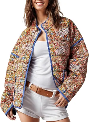 Arssm Women Floral Quilted Puffer Jacket Cropped Lightweight Patchwork Vintage Padded Short Coat Outerwear