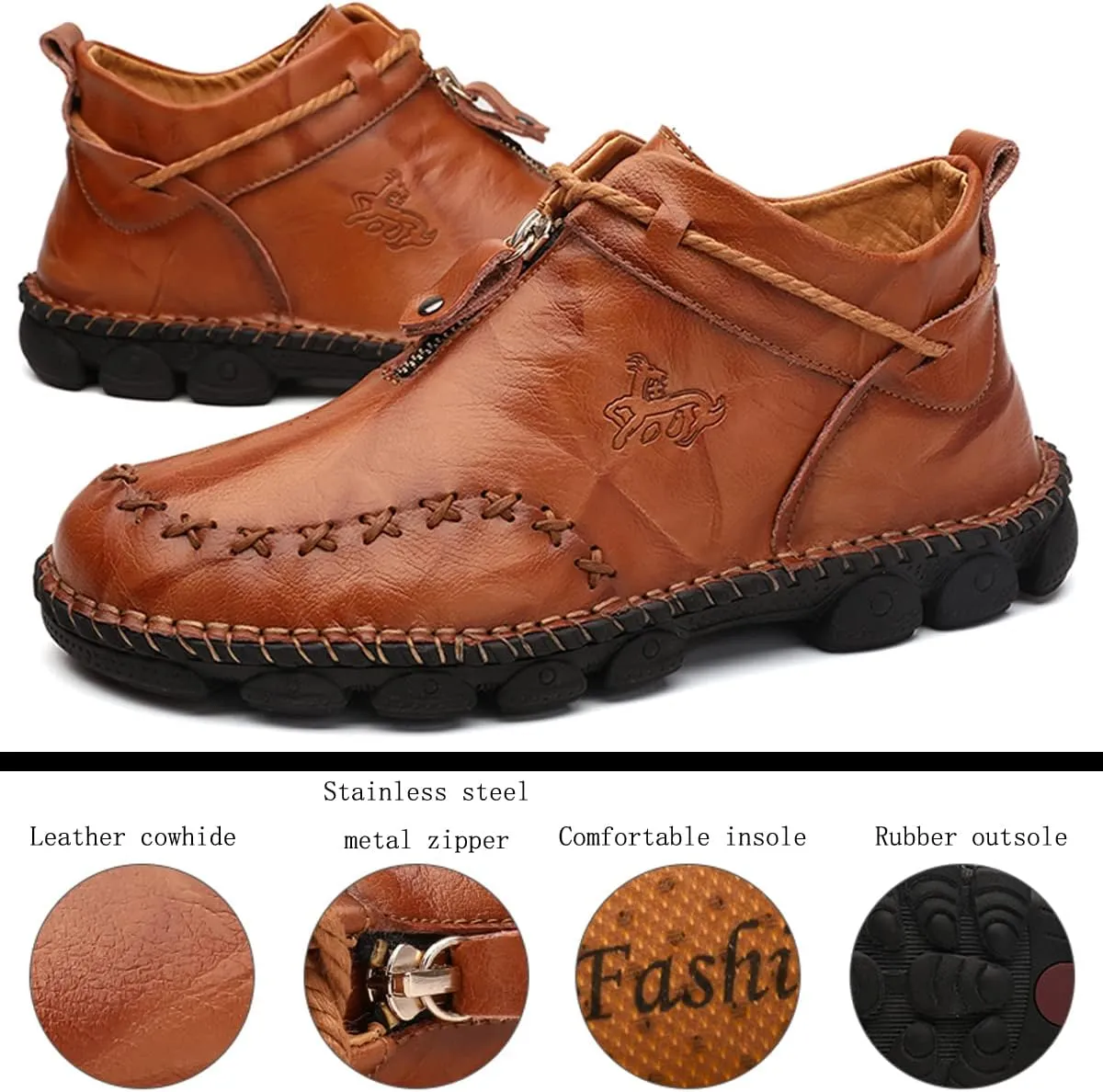 Asifn Men's Zip Driving Business Loafers Brogue Breathable Comfort Casual Walking Leather Moccasin Shoes