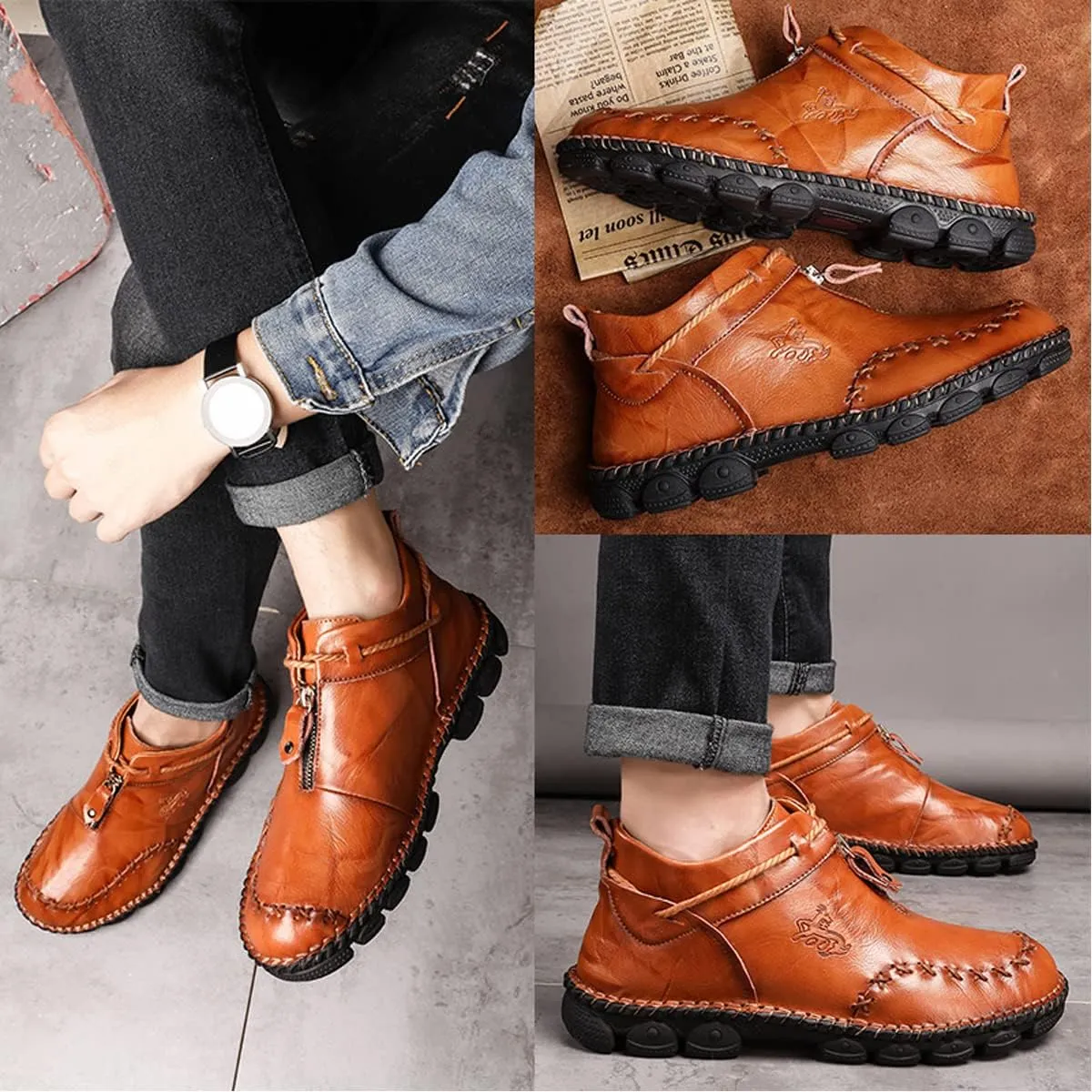 Asifn Men's Zip Driving Business Loafers Brogue Breathable Comfort Casual Walking Leather Moccasin Shoes
