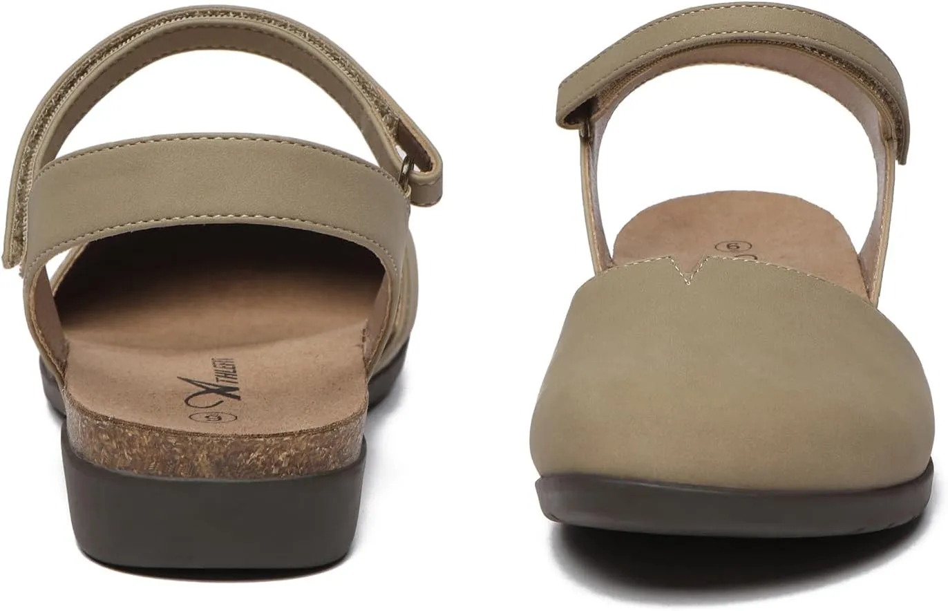 Athlefit Women's Closed Toe Sandals Comfort Cork Footbed Arch Support Flat Sandals