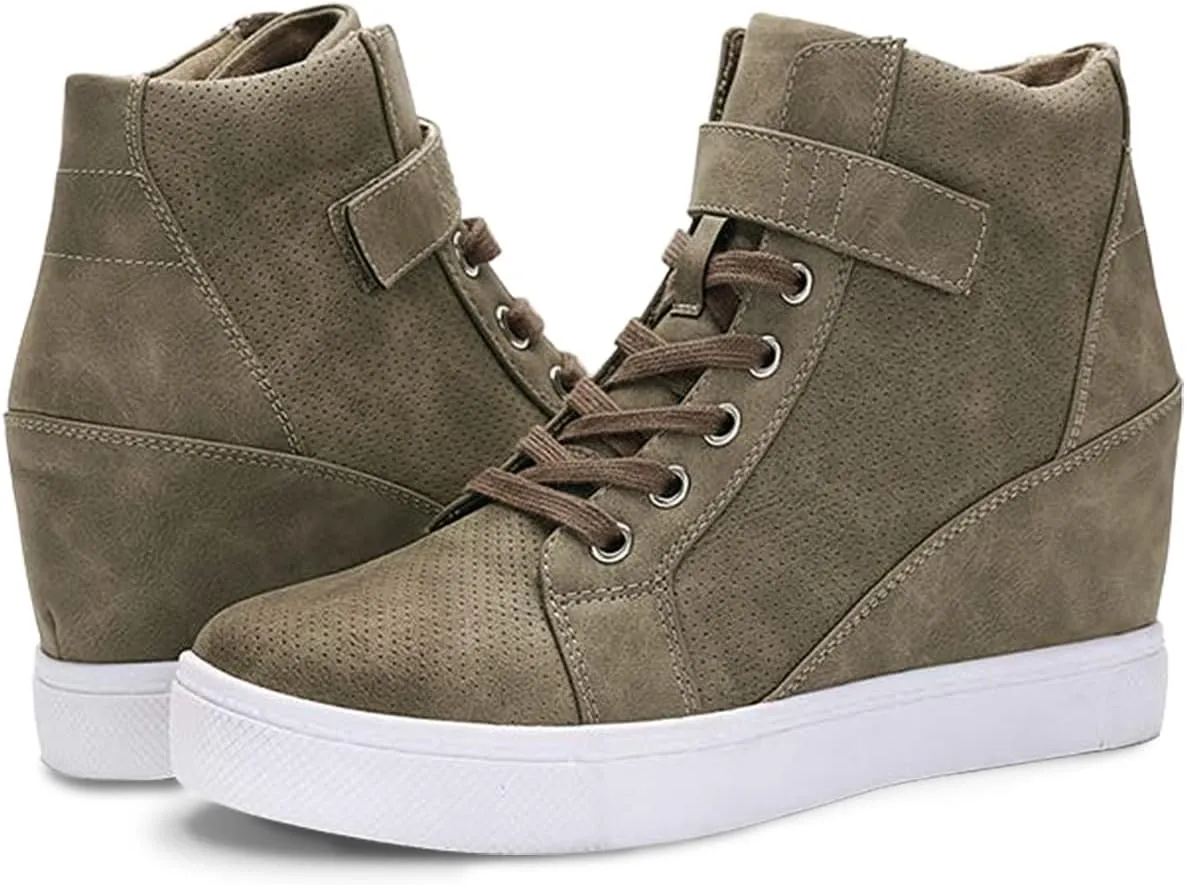 Athlefit Women's Lace Up Wedge Sneakers High Top Fashion Sneakers Ankle Booties
