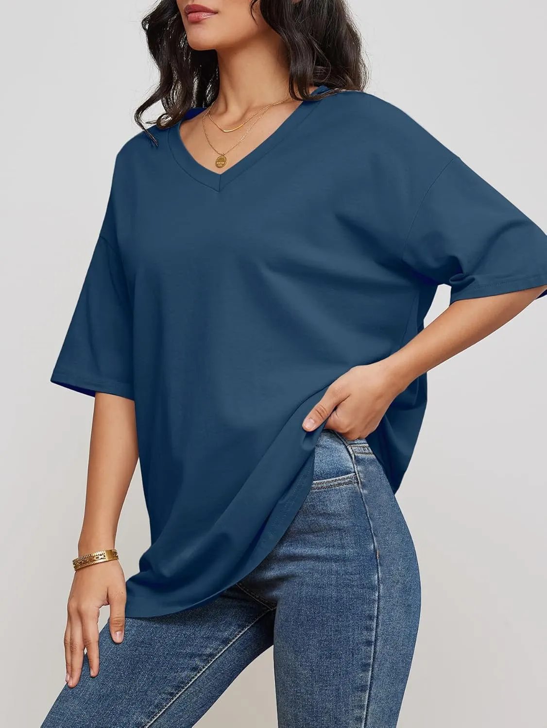 ATHMILE Womens Summer Oversized Shirts V Neck Business Casual Workout Tops Beach Vacation 2025 Gym Clothes