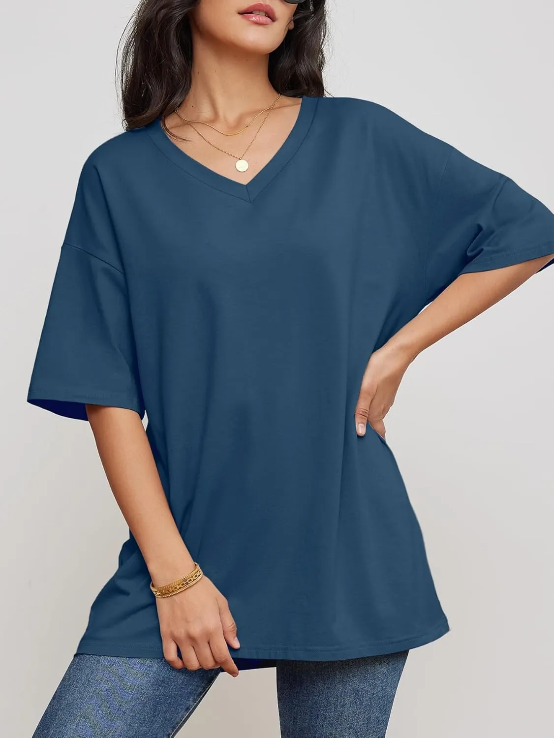 ATHMILE Womens Summer Oversized Shirts V Neck Business Casual Workout Tops Beach Vacation 2025 Gym Clothes