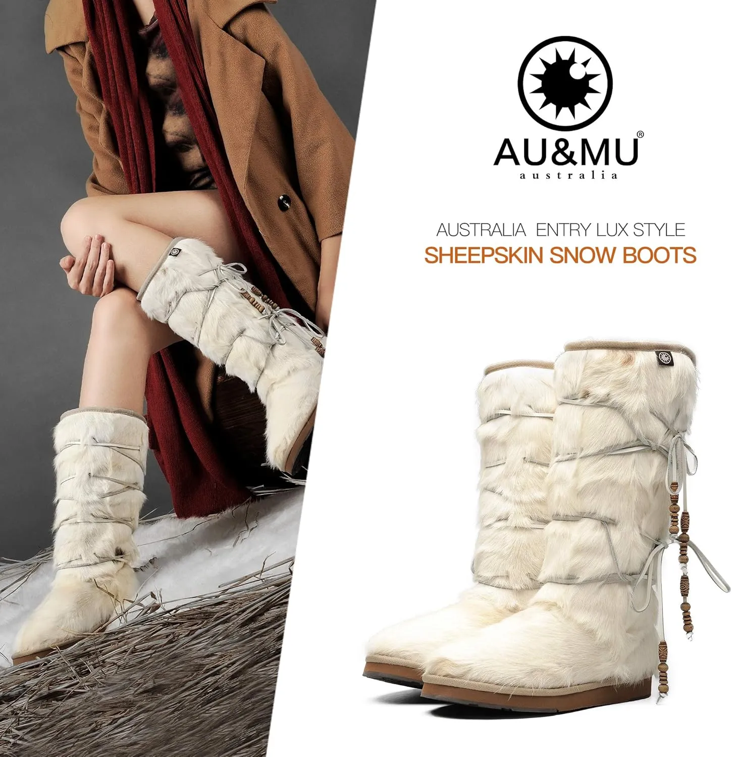 AU&MU Aumu Womens Comfort Suede Fur Shearling Stylish Knee High Winter Snow Boots Women Sheepskin