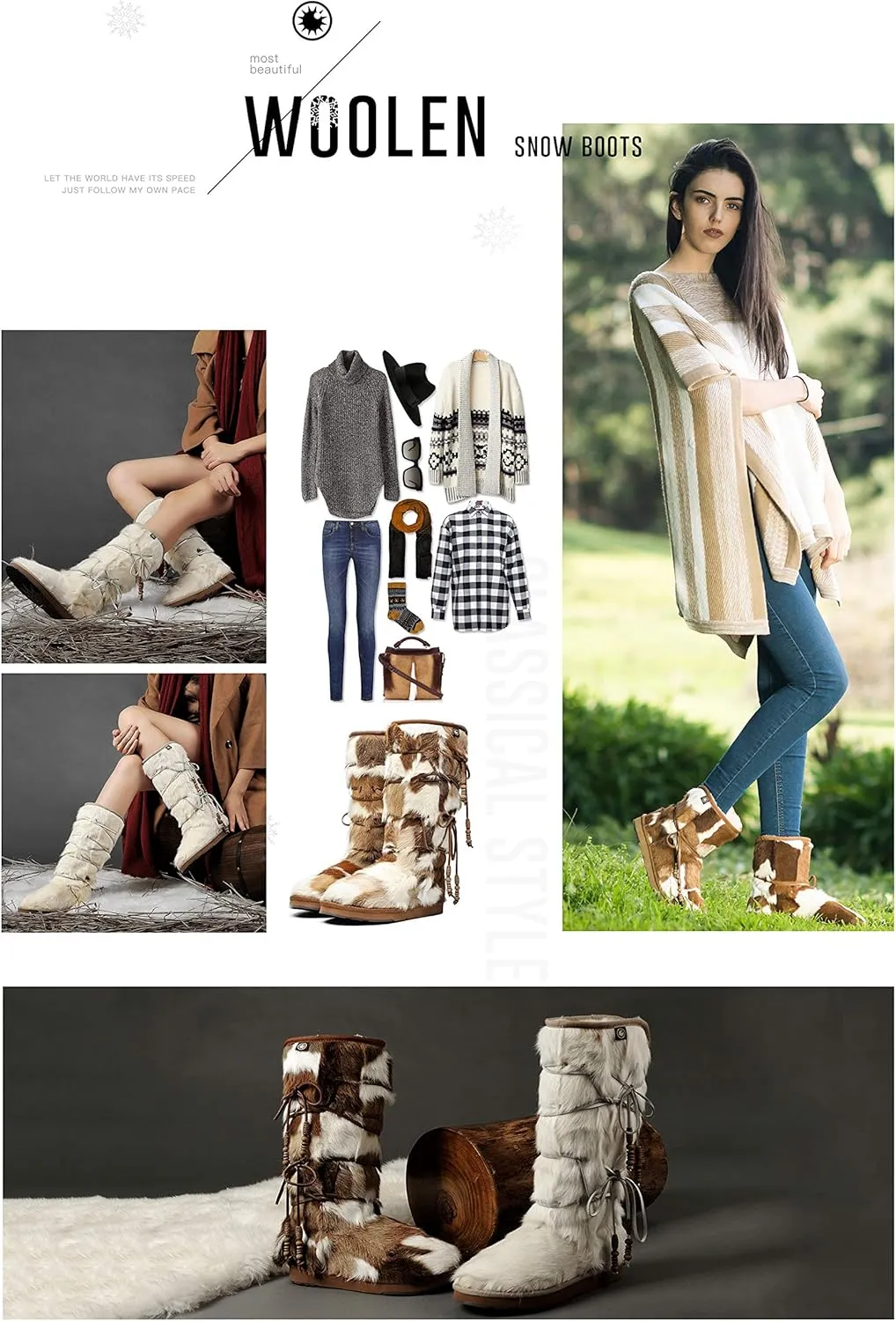 AU&MU Aumu Womens Comfort Suede Fur Shearling Stylish Knee High Winter Snow Boots Women Sheepskin