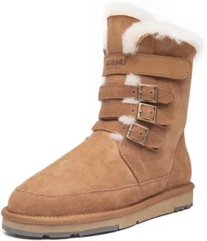 AU&MU Aumu Womens Shearling Leather Sheepskin Classic Lace up Mid Calf Flat Fur Winter Snow Boots…