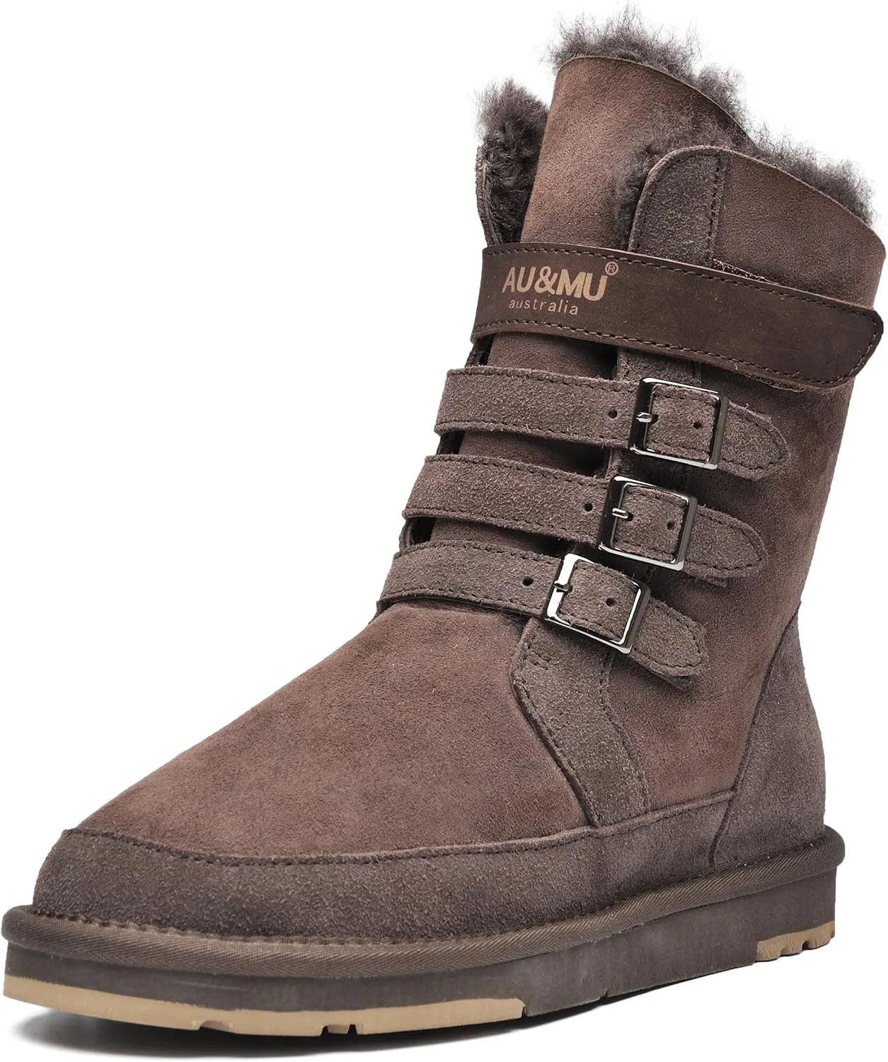 AU&MU Aumu Womens Shearling Leather Sheepskin Classic Lace up Mid Calf Flat Fur Winter Snow Boots…