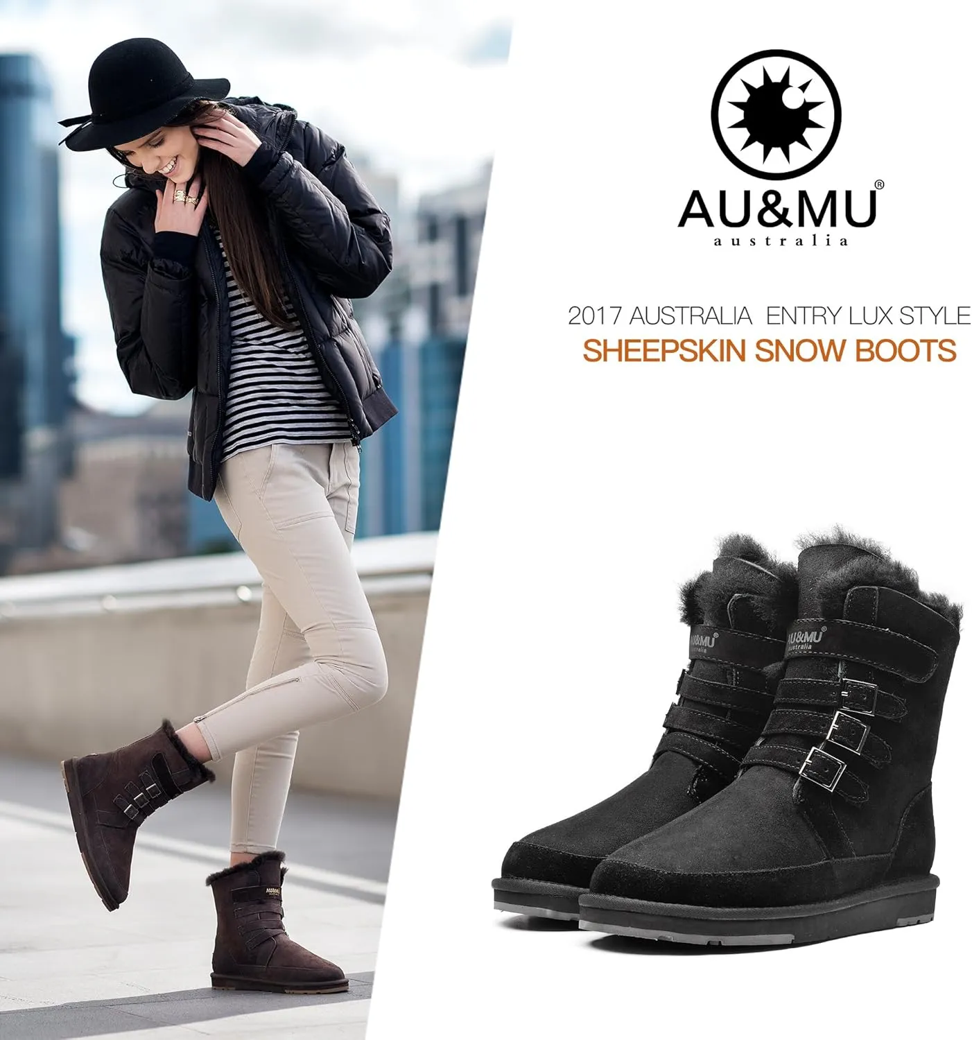 AU&MU Aumu Womens Shearling Leather Sheepskin Classic Lace up Mid Calf Flat Fur Winter Snow Boots…