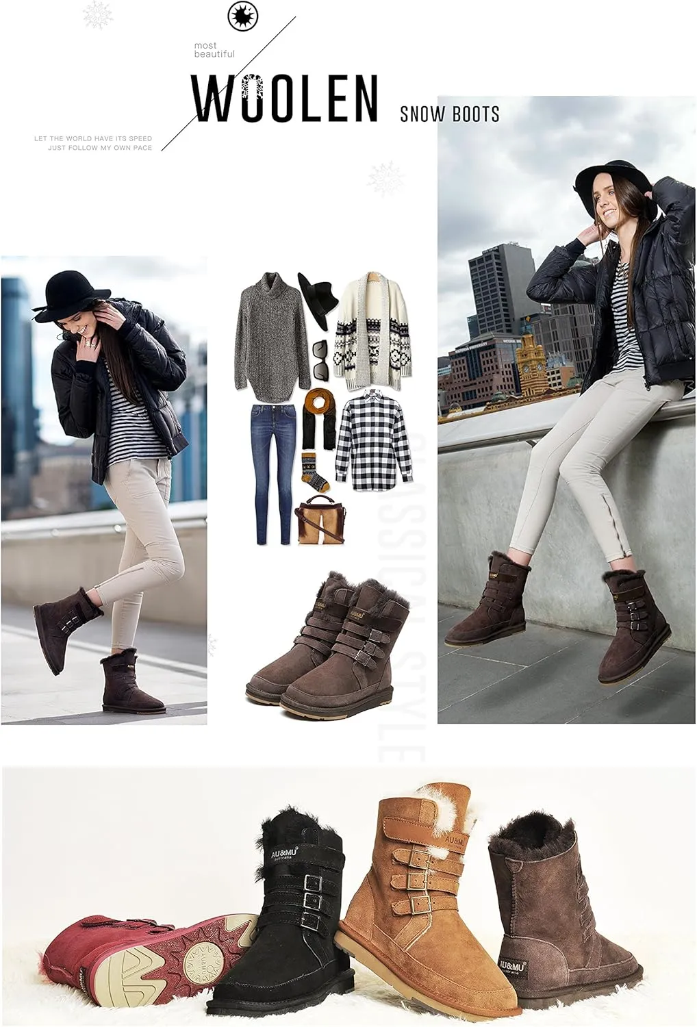 AU&MU Aumu Womens Shearling Leather Sheepskin Classic Lace up Mid Calf Flat Fur Winter Snow Boots…