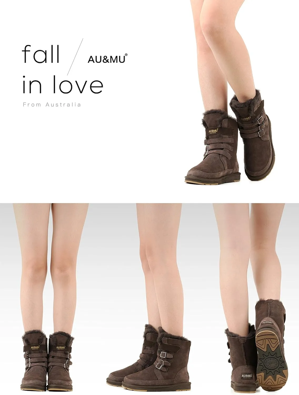 AU&MU Aumu Womens Shearling Leather Sheepskin Classic Lace up Mid Calf Flat Fur Winter Snow Boots…