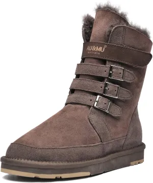AU&MU Aumu Womens Shearling Leather Sheepskin Classic Lace up Mid Calf Flat Fur Winter Snow Boots…