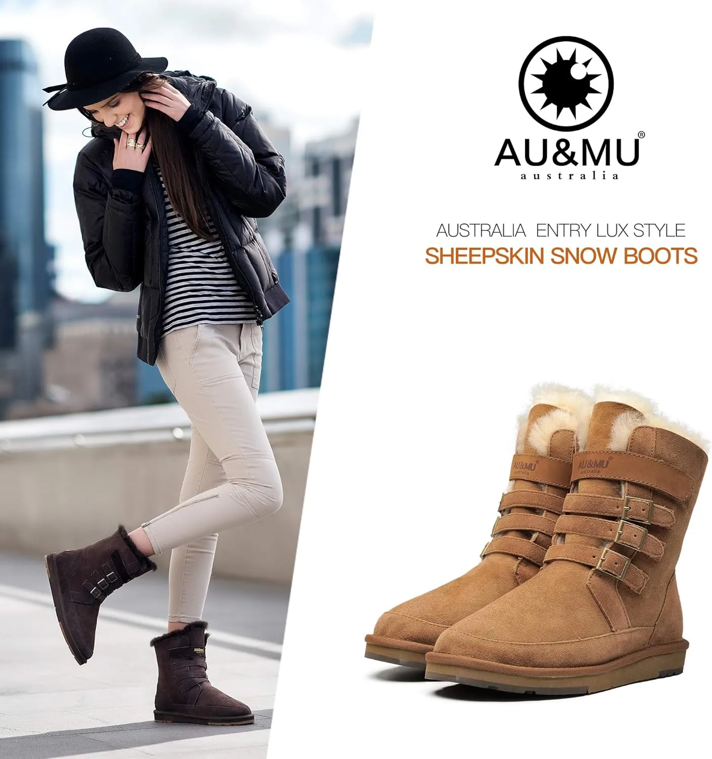 AU&MU Aumu Womens Shearling Leather Sheepskin Classic Lace up Mid Calf Flat Fur Winter Snow Boots…