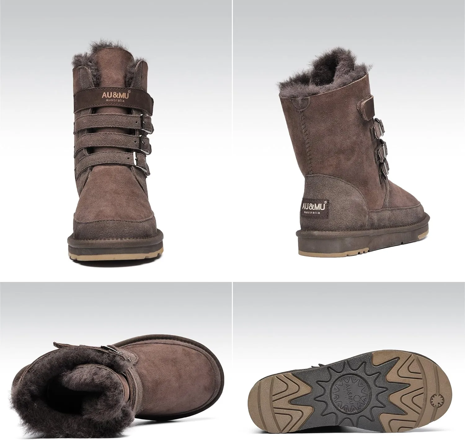 AU&MU Aumu Womens Shearling Leather Sheepskin Classic Lace up Mid Calf Flat Fur Winter Snow Boots…