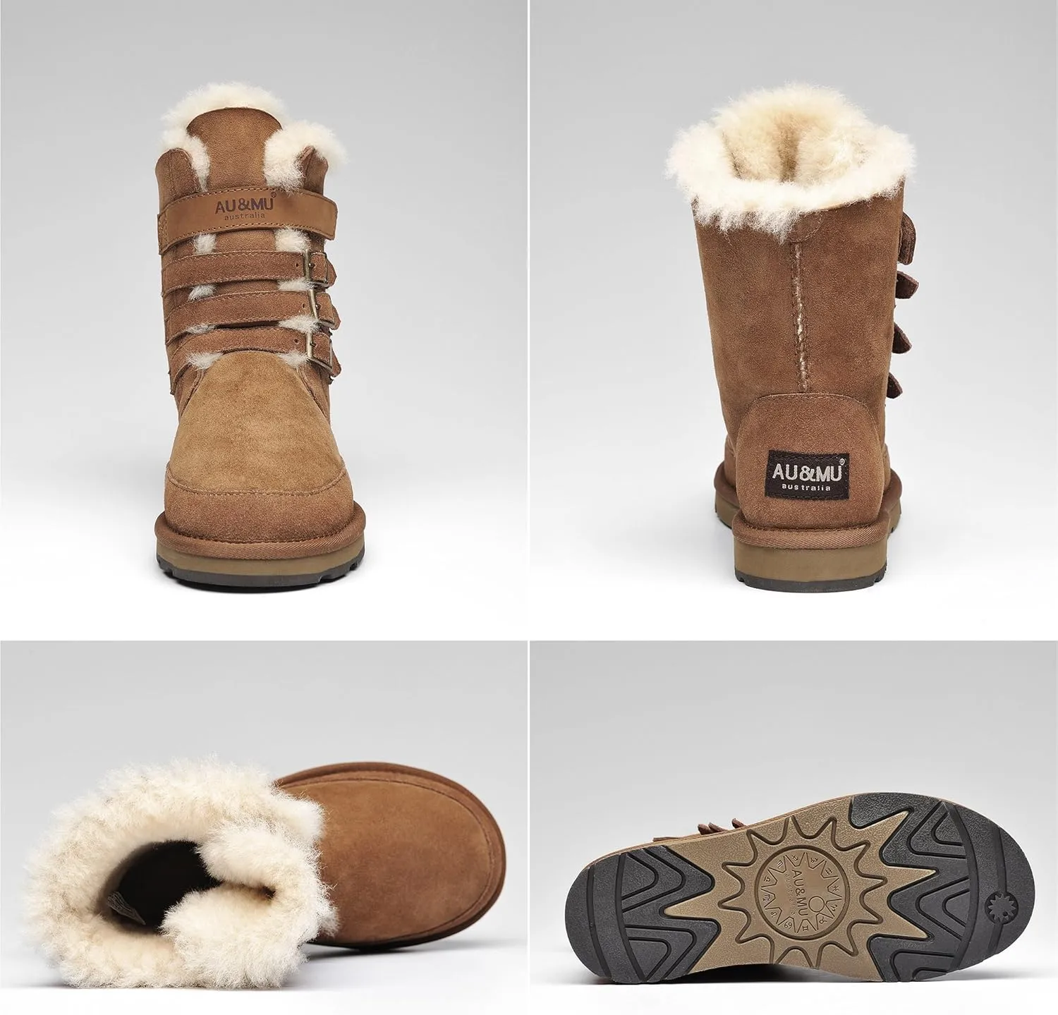 AU&MU Aumu Womens Shearling Leather Sheepskin Classic Lace up Mid Calf Flat Fur Winter Snow Boots…