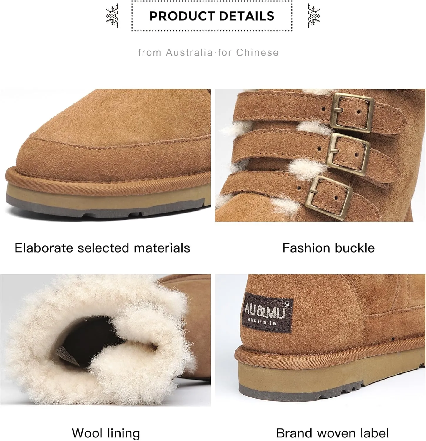 AU&MU Aumu Womens Shearling Leather Sheepskin Classic Lace up Mid Calf Flat Fur Winter Snow Boots…