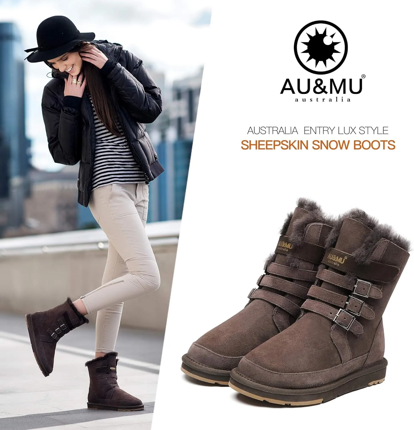 AU&MU Aumu Womens Shearling Leather Sheepskin Classic Lace up Mid Calf Flat Fur Winter Snow Boots…