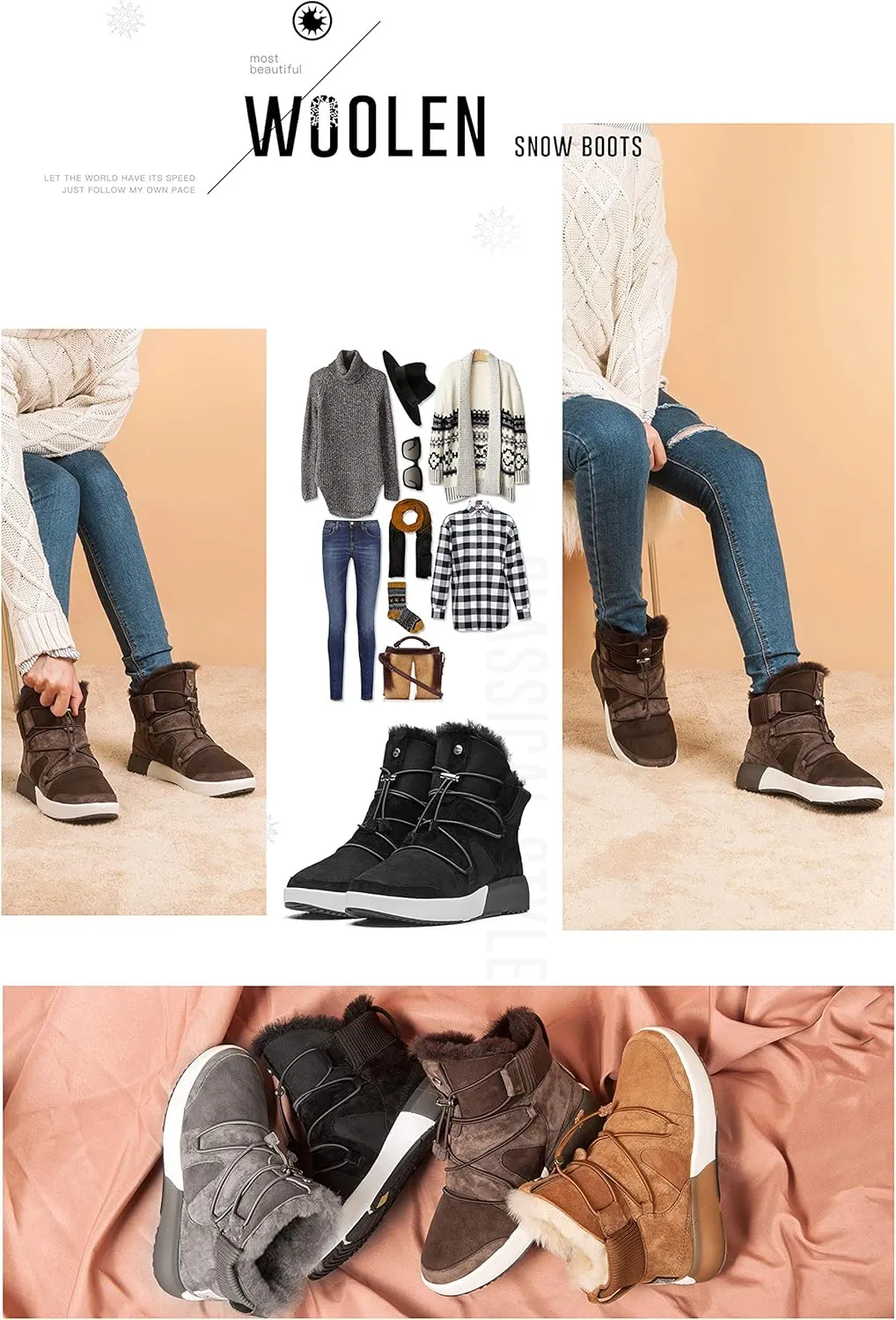 AU&MU Sheepskin Cross Elastic Bnad Metal Short Ankle Fur Wool Lining Winter Snow Boots…