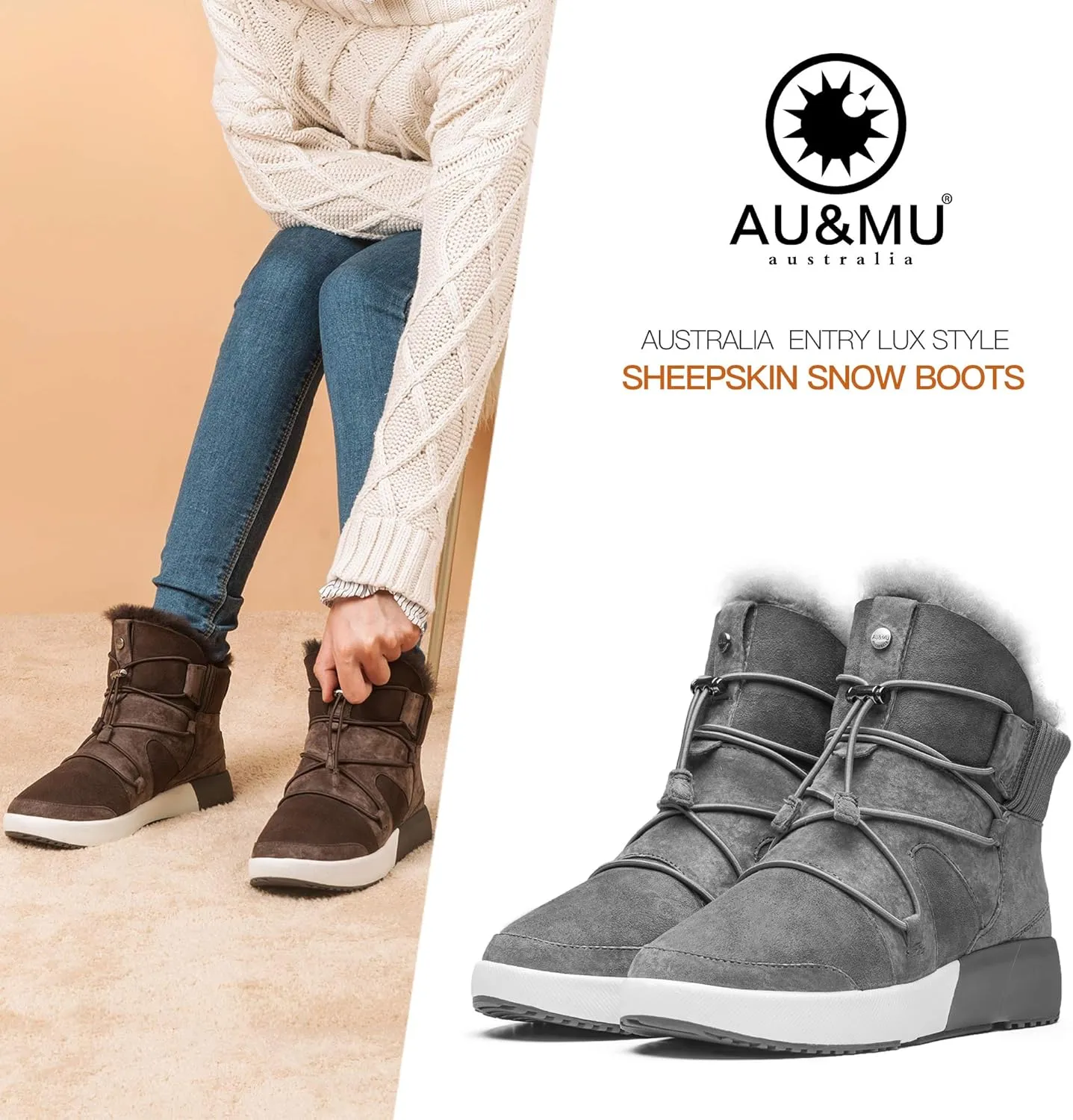 AU&MU Sheepskin Cross Elastic Bnad Metal Short Ankle Fur Wool Lining Winter Snow Boots…