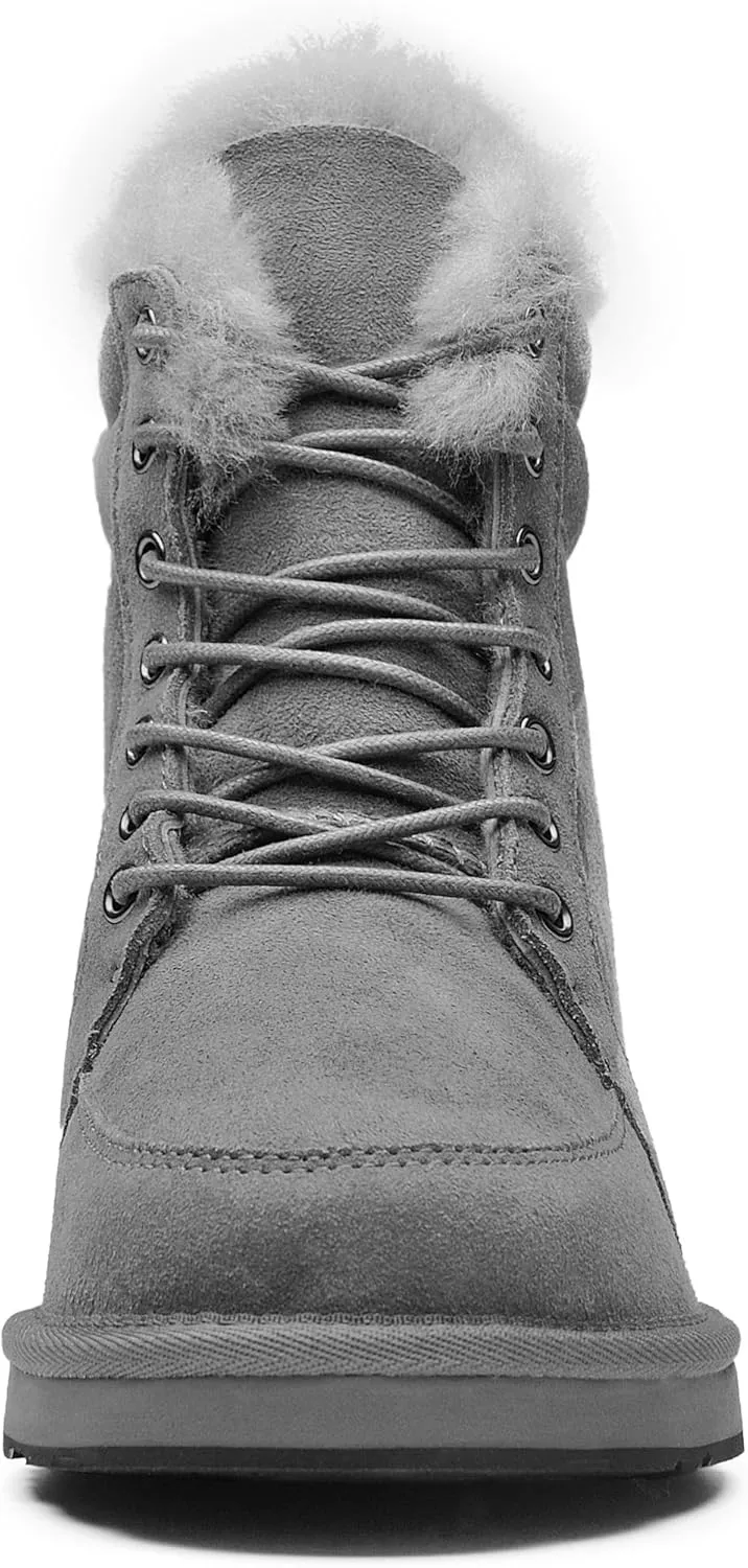 AU&MU Unisex Lace-Up Suede Short Sheepskin Winter Snow Boots