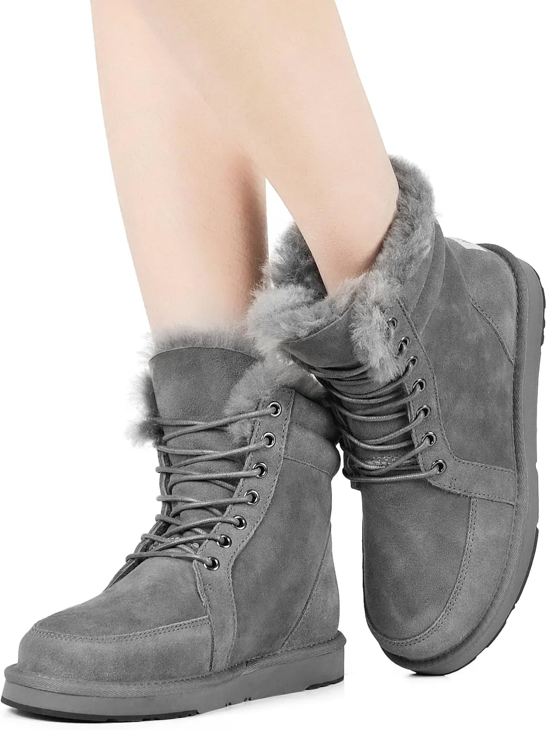 AU&MU Unisex Lace-Up Suede Short Sheepskin Winter Snow Boots
