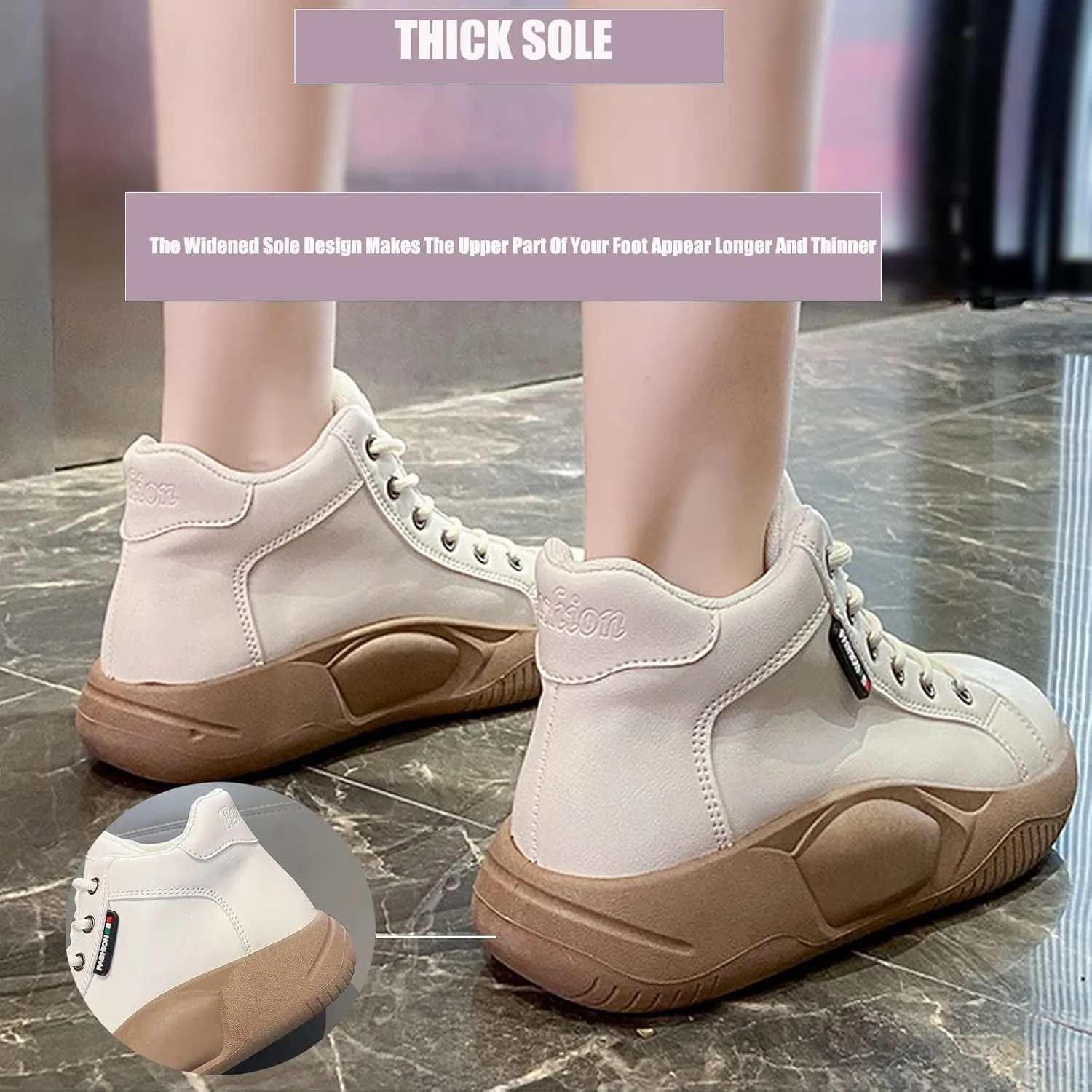 AUNTHUI Women'S Soft Leather Comfortable Casual Sneakers,Round-Toe Lace-Up Platform Sneakers,Outdoor Anti-Slip Shock Absorbing Heighten Fashion Running Sneakers