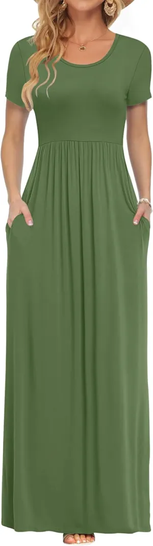 AUSELILY Women's Short Sleeve Loose Plain Casual Long Maxi Dresses for Women 2025