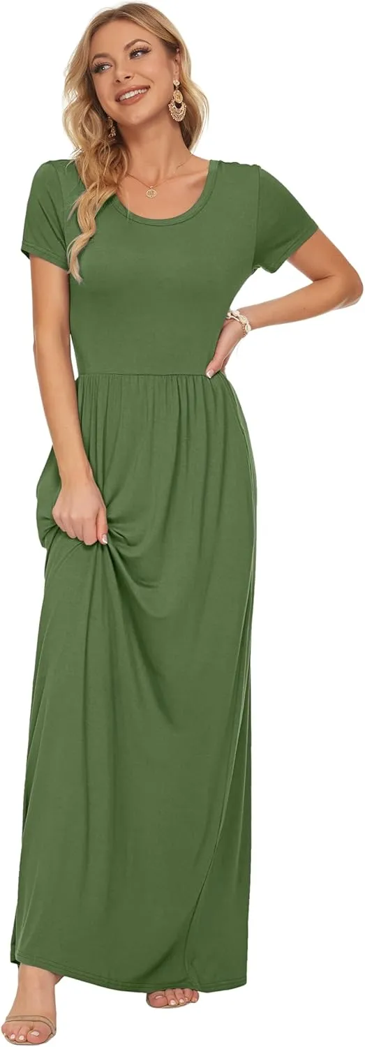 AUSELILY Women's Short Sleeve Loose Plain Casual Long Maxi Dresses for Women 2025