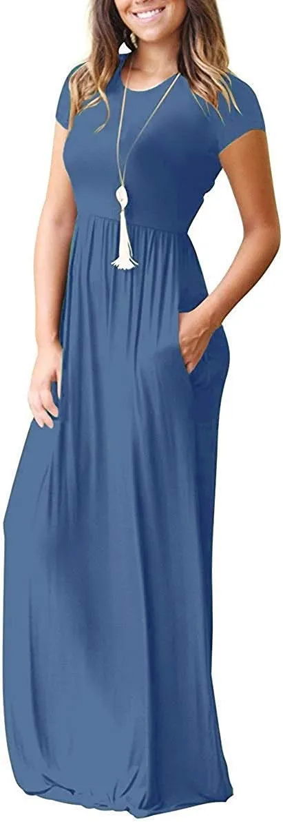 AUSELILY Women's Short Sleeve Loose Plain Casual Long Maxi Dresses for Women 2025