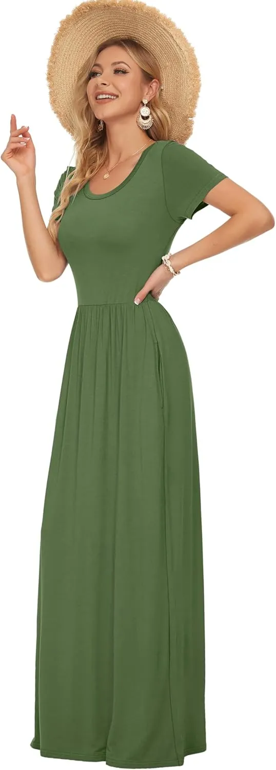 AUSELILY Women's Short Sleeve Loose Plain Casual Long Maxi Dresses for Women 2025