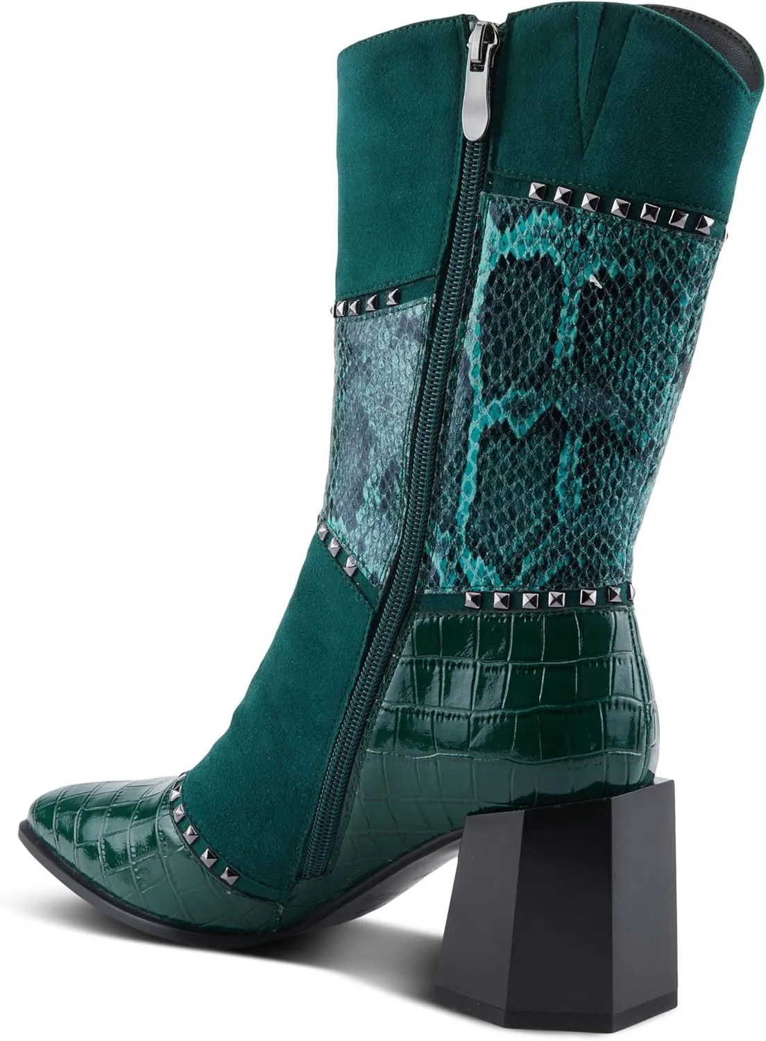 Azura Women's ZAYRINA Mid-Shaft Leather Boots with Animal Print, Stud Details, and Zipper Closure