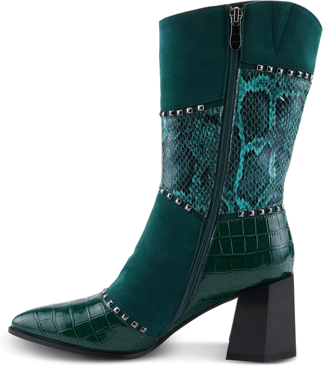 Azura Women's ZAYRINA Mid-Shaft Leather Boots with Animal Print, Stud Details, and Zipper Closure