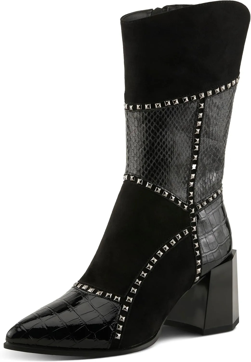 Azura Women's ZAYRINA Mid-Shaft Leather Boots with Animal Print, Stud Details, and Zipper Closure