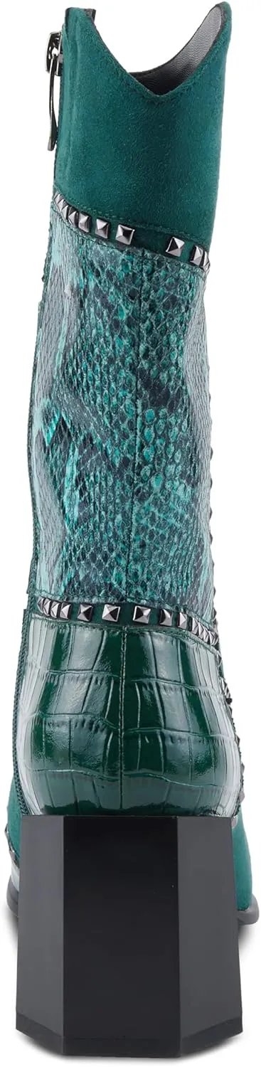 Azura Women's ZAYRINA Mid-Shaft Leather Boots with Animal Print, Stud Details, and Zipper Closure