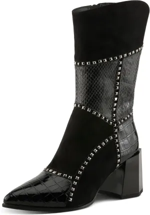 Azura Women's ZAYRINA Mid-Shaft Leather Boots with Animal Print, Stud Details, and Zipper Closure